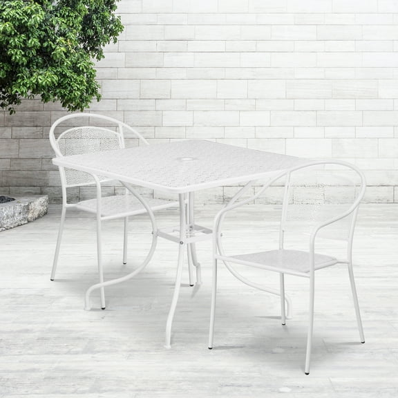Flash Furniture Commercial Grade 35.5" Square White Indoor-Outdoor Steel Patio Table Set with 2 Round Back Chairs