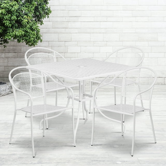 Flash Furniture Commercial Grade 35.5" Square White Indoor-Outdoor Steel Patio Table Set with 4 Round Back Chairs