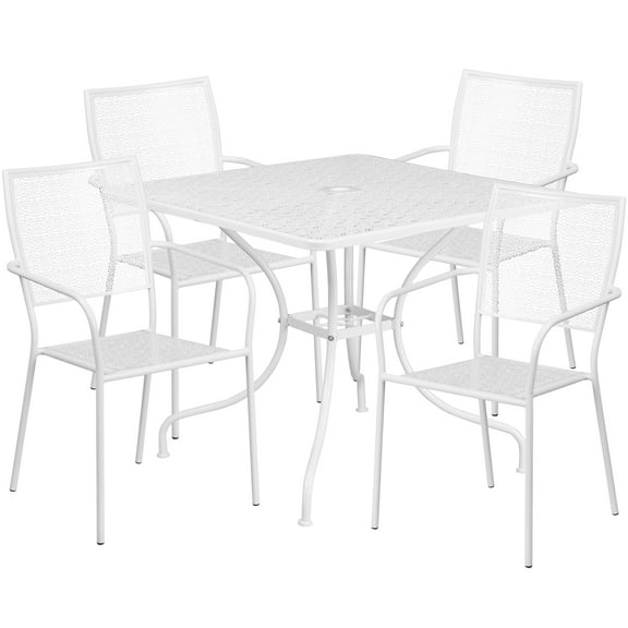 Flash Furniture Commercial Grade 35.5" Square White Indoor-Outdoor Steel Patio Table Set with 4 Square Back Chairs