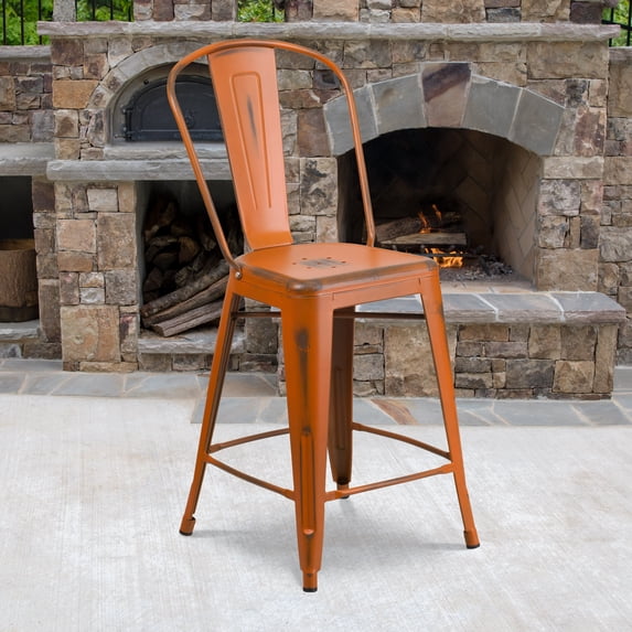 Flash Furniture Commercial Grade 4 Pack 24" High Distressed Orange Metal Indoor-Outdoor Counter Height Stool with Back