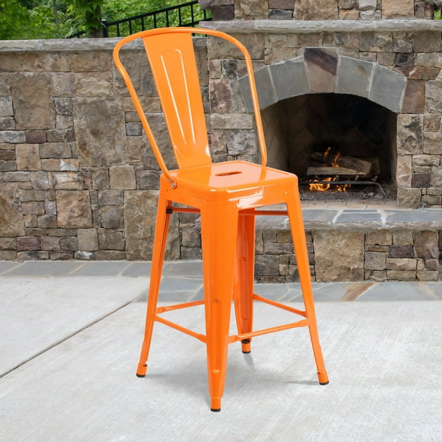 Flash Furniture Commercial Grade 4 Pack 24" High Orange Metal Indoor-Outdoor Counter Height Stool with Removable Back