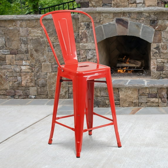 Flash Furniture Commercial Grade 4 Pack 24" High Red Metal Indoor-Outdoor Counter Height Stool with Removable Back