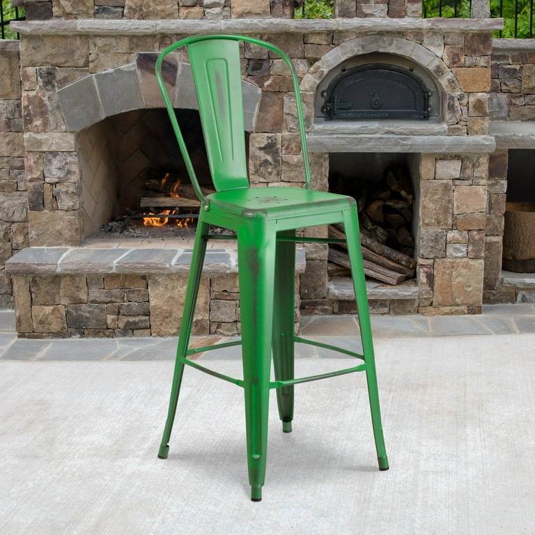 Flash Furniture Commercial Grade 4 Pack 30 High Distressed Green Metal Indoor Outdoor Barstool with Back Walmart
