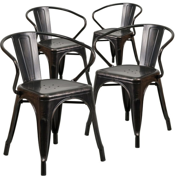 Flash Furniture Roy Commercial Grade 4 Pack Black-Antique Gold Metal Indoor-Outdoor Chair with Arms