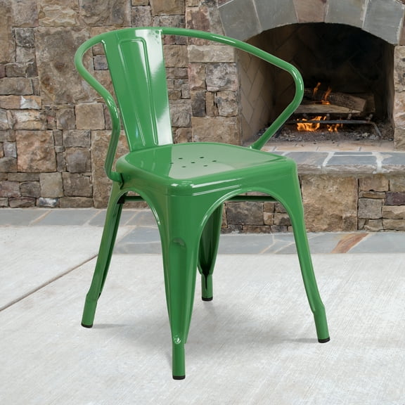 Flash Furniture Commercial Grade 4 Pack Green Metal Indoor-Outdoor Chair with Arms