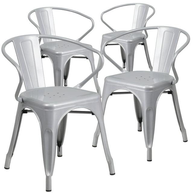 Flash Furniture Commercial Grade 4 Pack Silver Metal Indoor-Outdoor Chair with Arms
