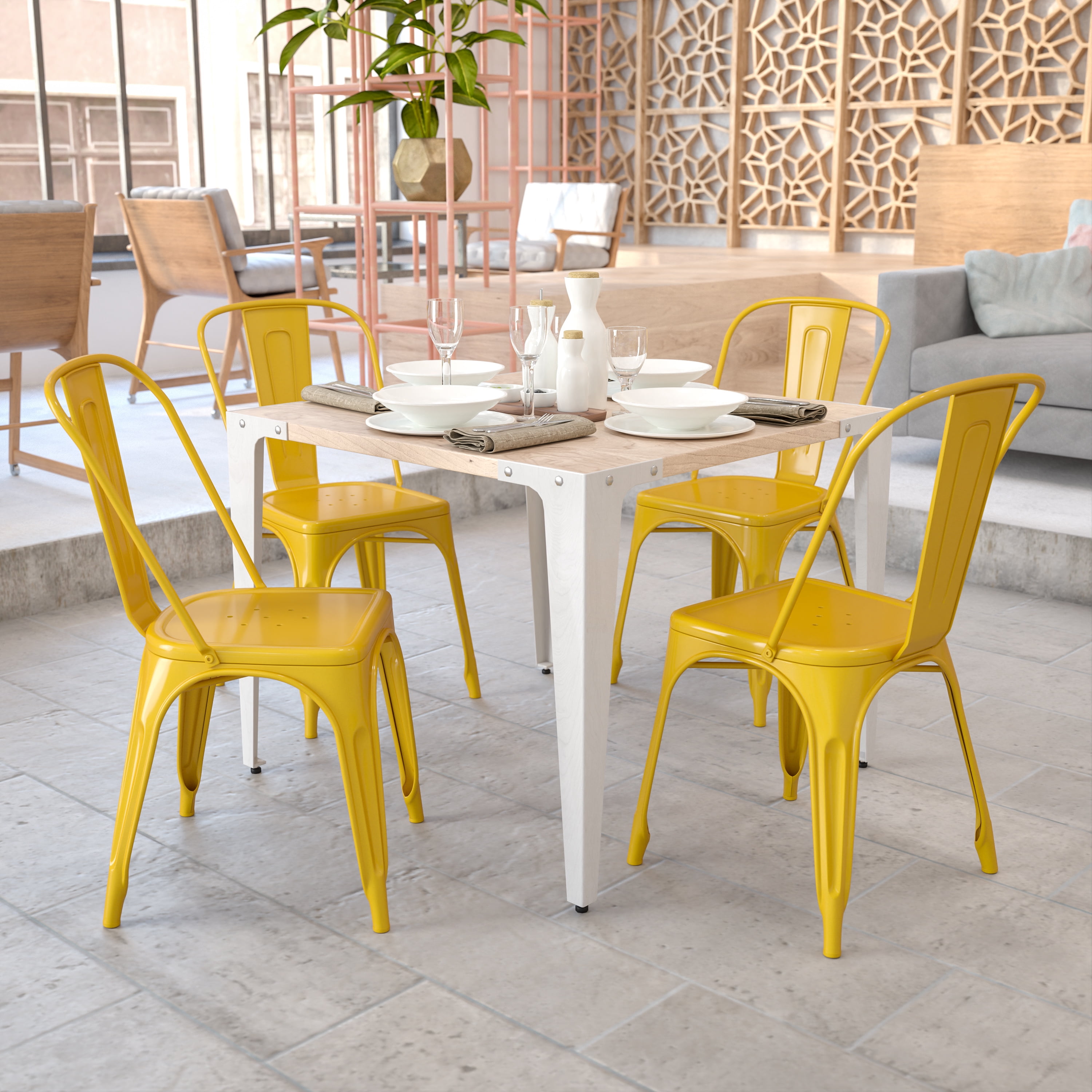 Flash Furniture Commercial Grade 4 Pack Yellow Metal Indoor Outdoor Stackable Chair