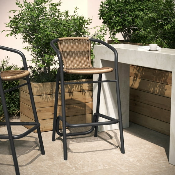 Flash Furniture Commercial Grade Indoor-Outdoor PE Rattan Restaurant Barstool with Black Steel Frame and Footrest in Medium Brown