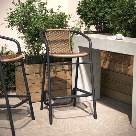 Flash Furniture Commercial Grade Indoor-Outdoor PE Rattan Restaurant Barstool with Black Steel Frame and Footrest in Medium Brown