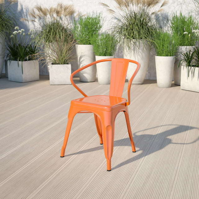 Flash Furniture Commercial Grade Orange Metal Indoor-Outdoor Chair with Arms