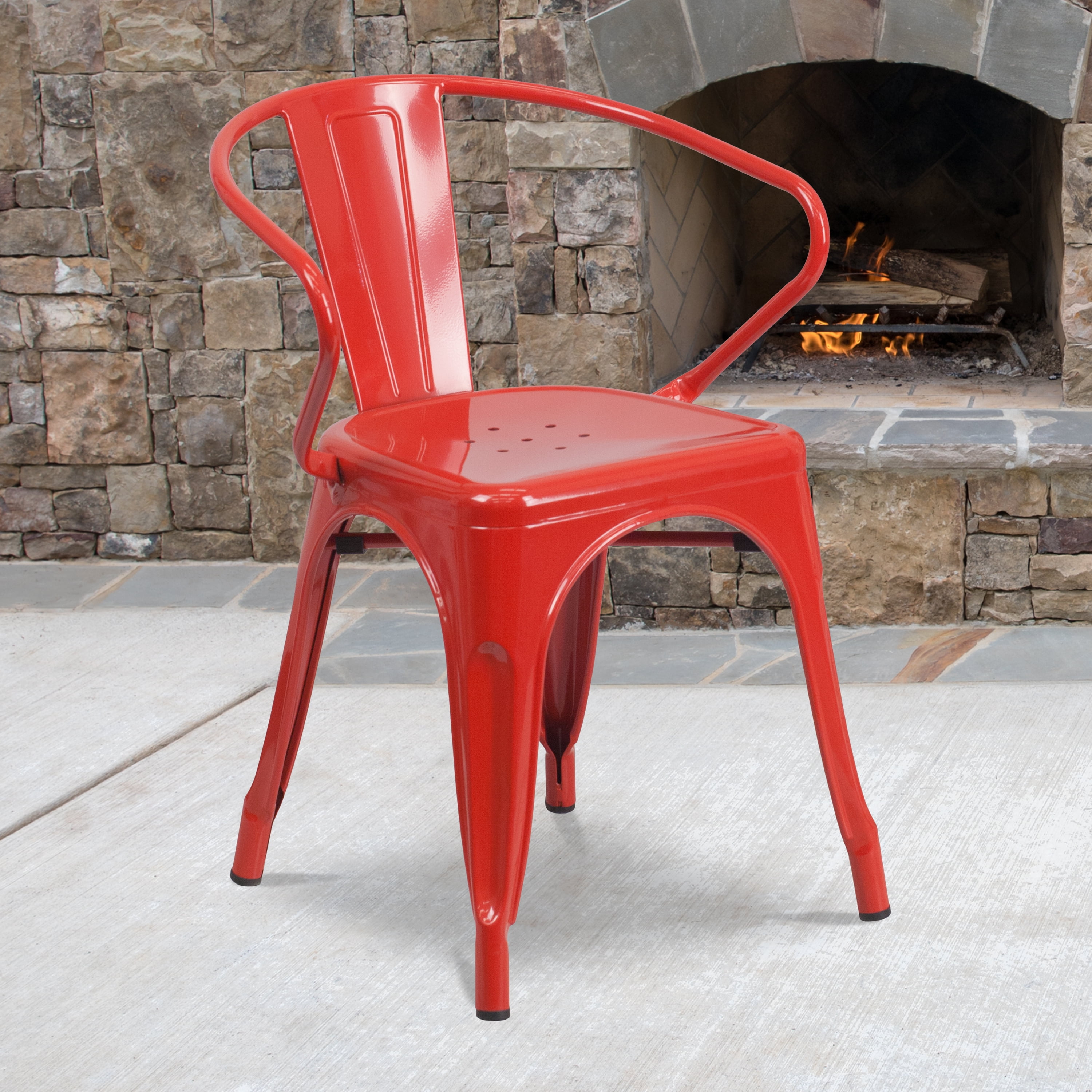 Vibrant Red Steel Slat-Back Indoor-Outdoor Dining Chair with Arms
