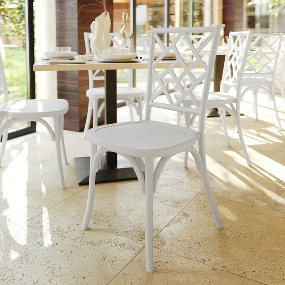 Flash Furniture Commercial Grade White Solid Wood Stackable Dining Chair with Intricate Back Detail