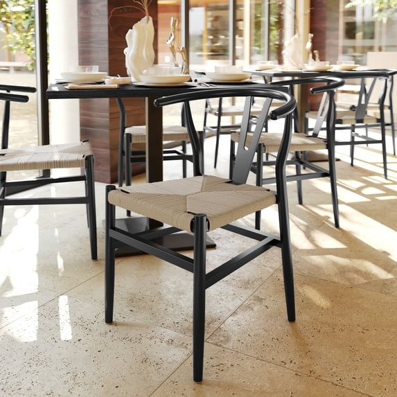 Flash Furniture Commercial Grade Wishbone Style Wood and Kraft Paper Stackable Dining Chair with Black/Natural Finish - Set of 2