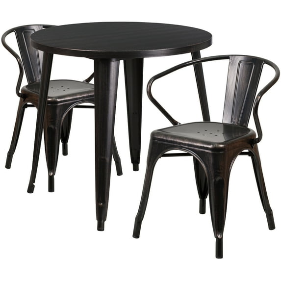 Flash Furniture Conrad Commercial Grade 30" Round Black-Antique Gold Metal Indoor-Outdoor Table Set with 2 Arm Chairs