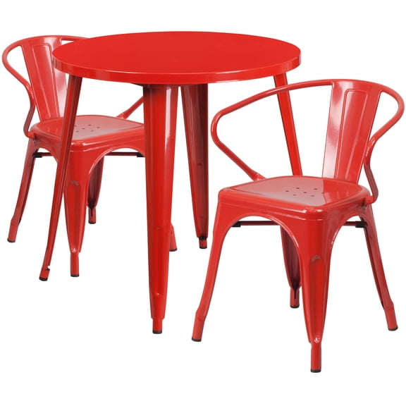 Flash Furniture Conrad Commercial Grade 30" Round Red Metal Indoor-Outdoor Table Set with 2 Arm Chairs