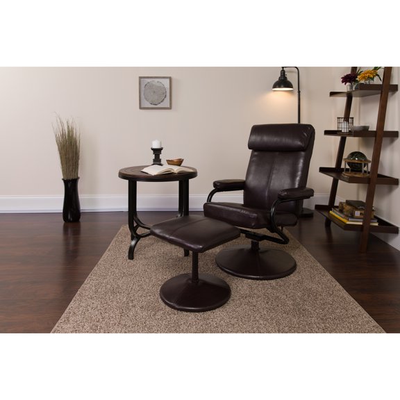 Flash Furniture Contemporary Multi-Position Headrest Recliner and Ottoman with Wrapped Base in Brown LeatherSoft