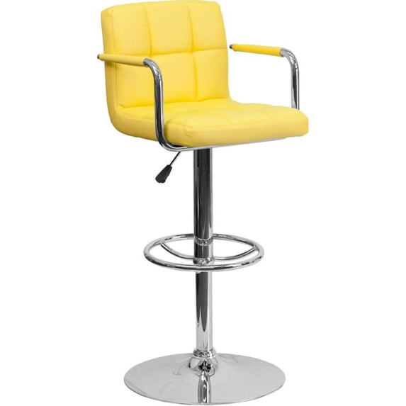 Flash Furniture Contemporary Yellow Quilted Vinyl Adjustable Height Barstool with Arms and Chrome Base