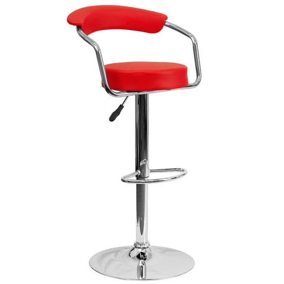 Flash Furniture Cruz Contemporary Red Vinyl Adjustable Height Barstool with Arms and Chrome Base