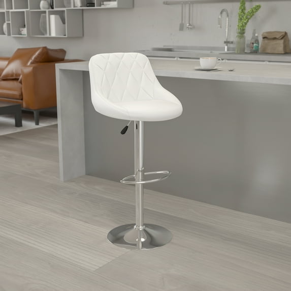 Flash Furniture Dale Contemporary White Vinyl Bucket Seat Adjustable Height Barstool with Diamond Pattern Back and Chrome Base