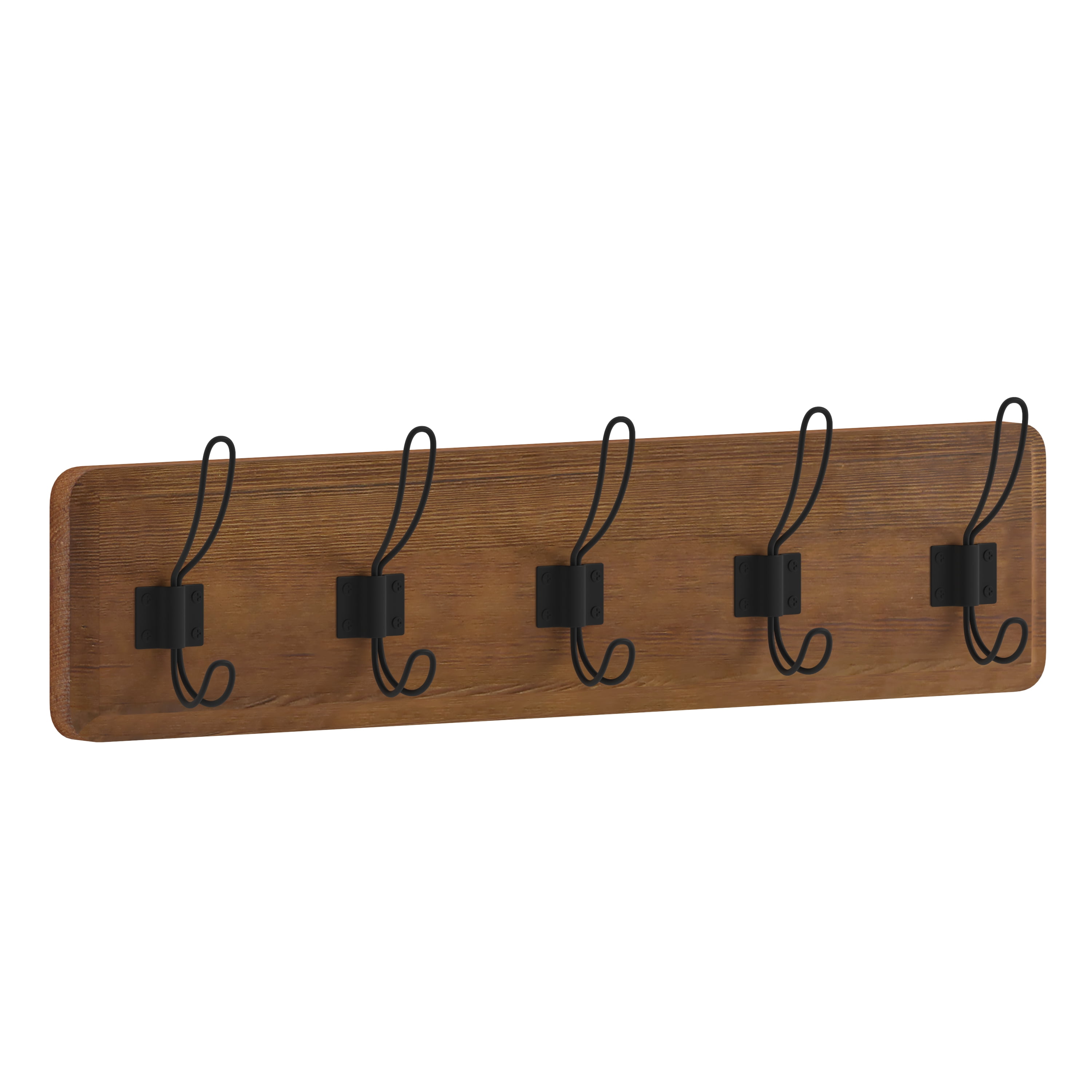 Flash Furniture 24 in. Daly Wall Mounted Classic Solid Pine Wood with 5 Hooks for Entryway & Kitchen & Bathroom Storage Rack Brown