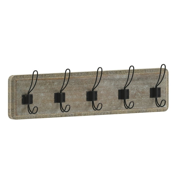 Flash Furniture Daly Wall Mounted 24 Inch Weathered Solid Pine Wood Storage Rack with 5 Hooks For Entryway, Kitchen, Bathroom