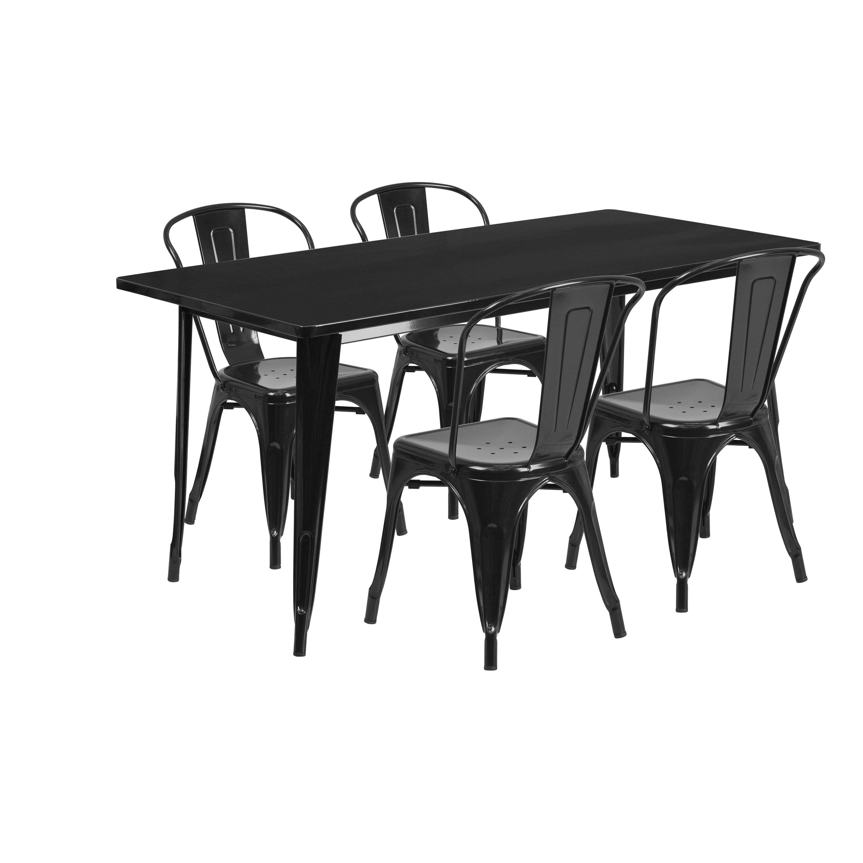 Black Steel Rectangular Dining Table Set with 4 Stackable Chairs
