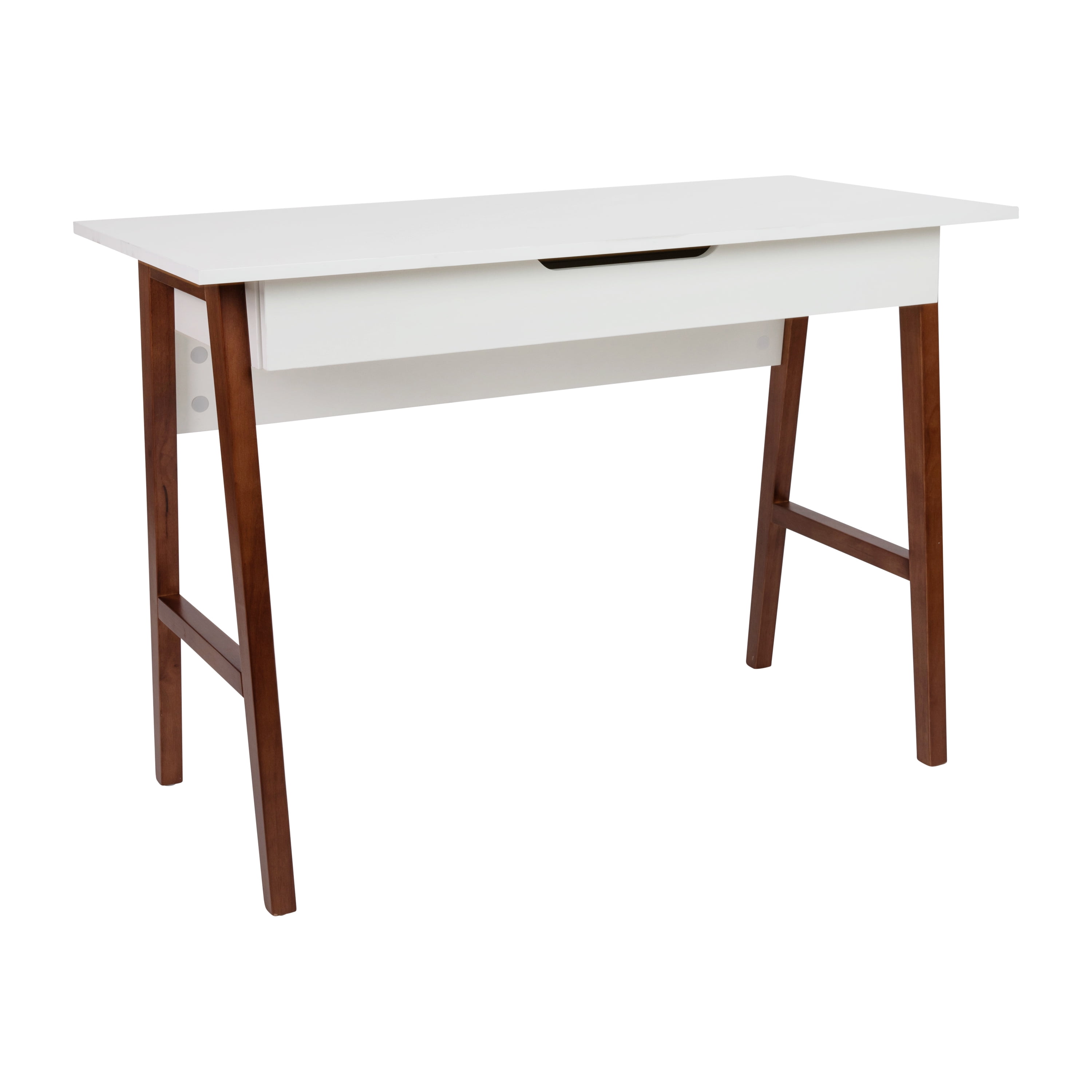 White Laminate Top Writing Desk with Walnut Frame and Drawer