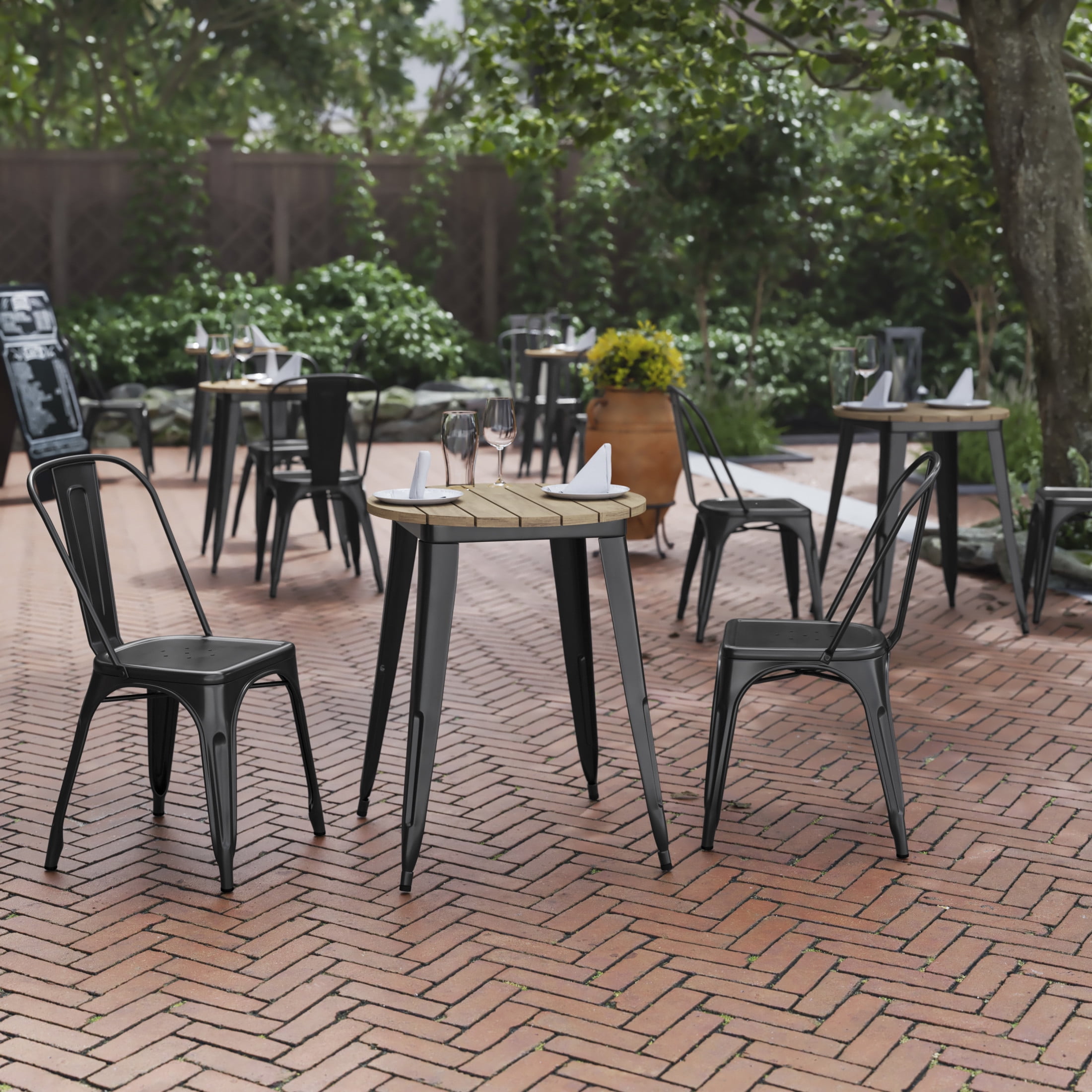 Brown Poly Resin Round Dining Table with Black Steel Base