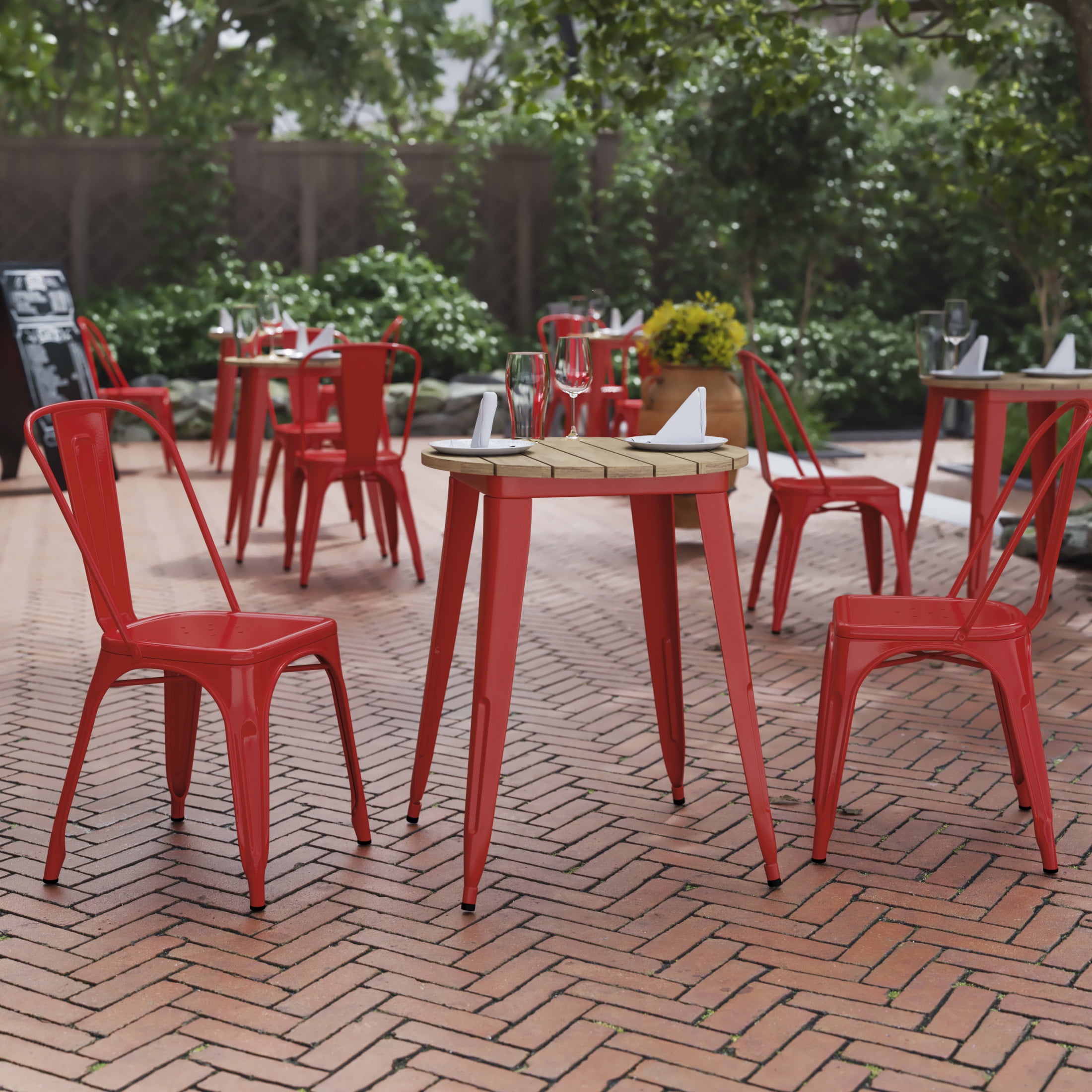 24" Round Brown Poly Resin Top Red Steel Base Dining Table