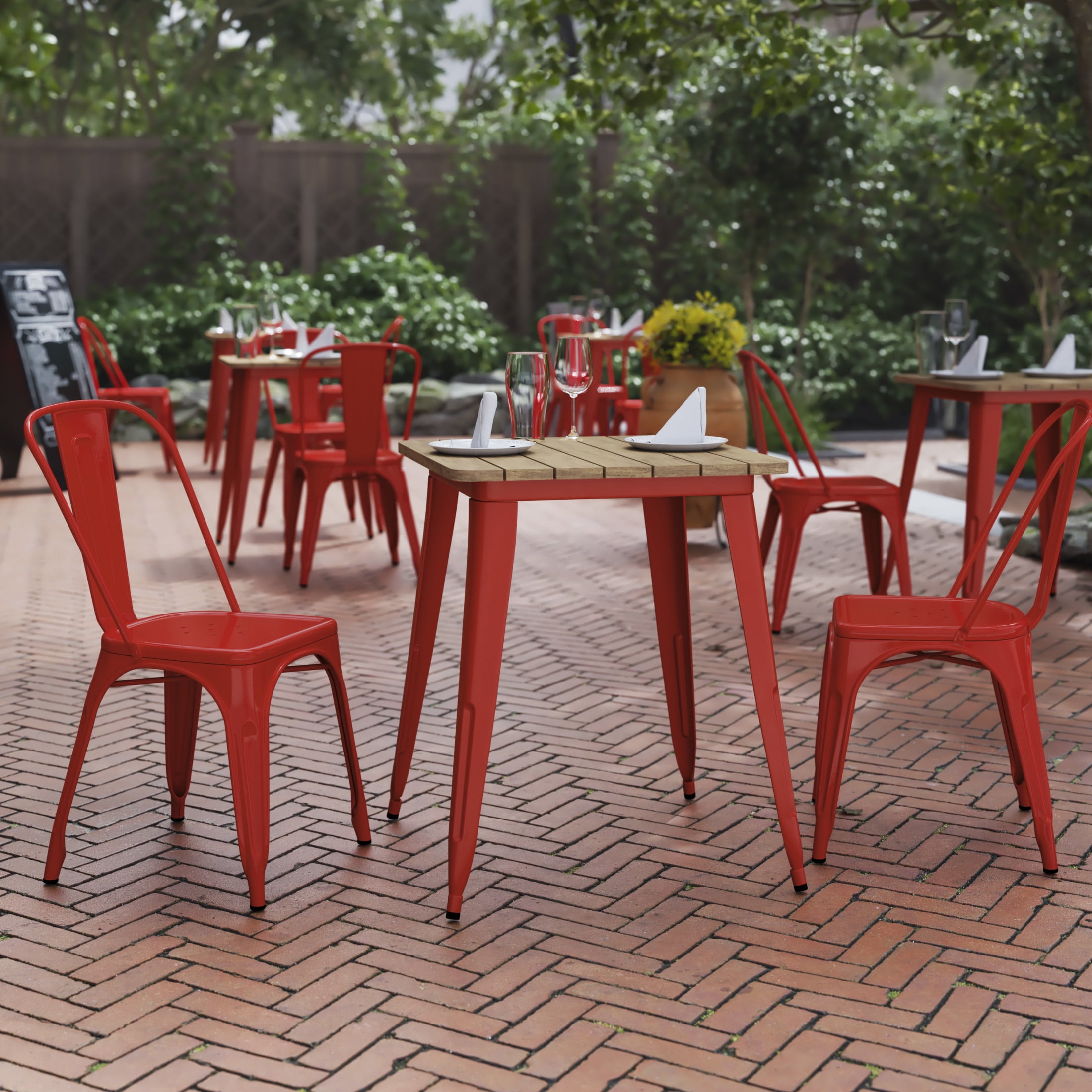 24" Square Brown Poly Resin Top Red Steel Base Dining Table