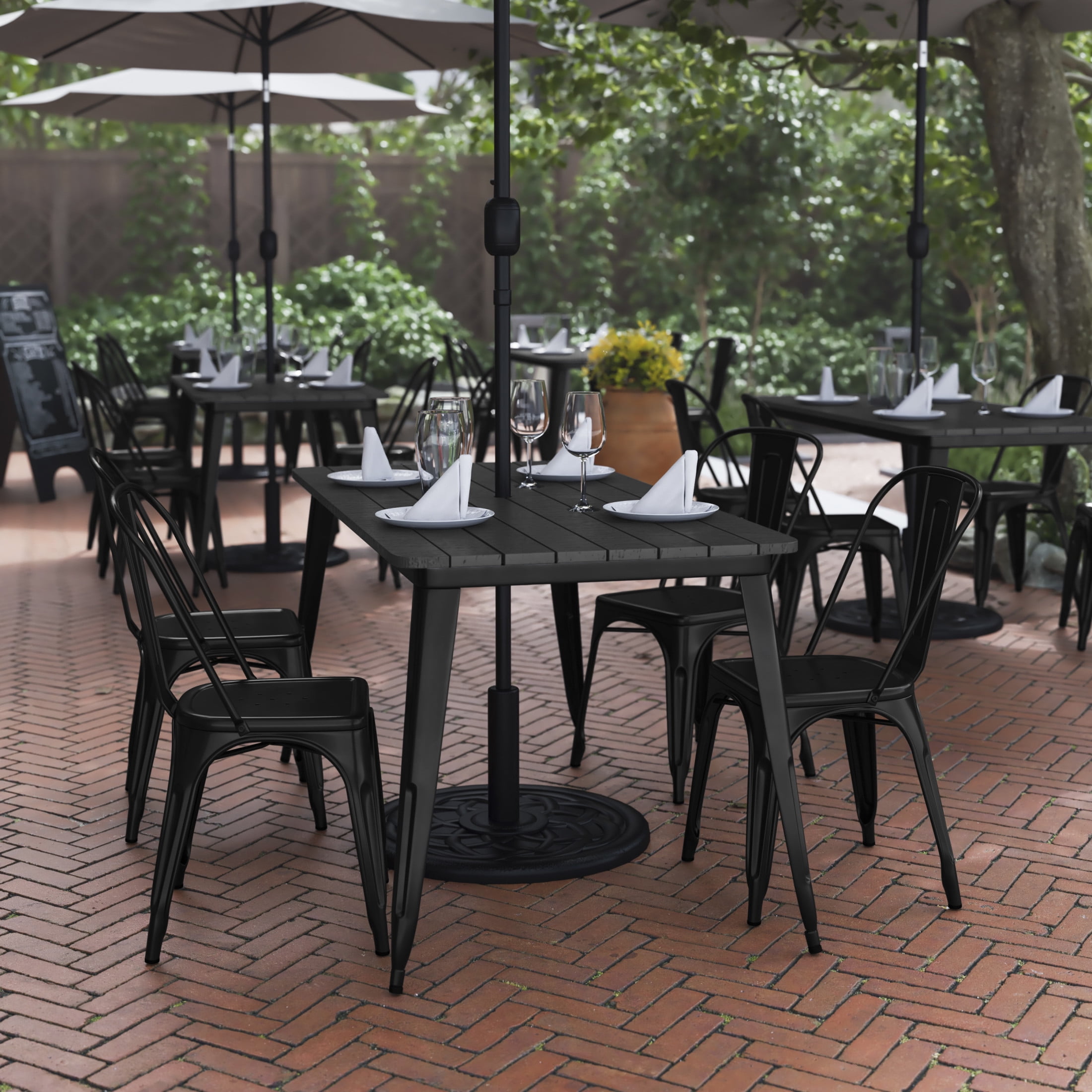 Flash Furniture Declan Commercial Indoor/Outdoor Dining Table with Umbrella Hole, 30" x 60" All Weather Black Poly Resin Top and Black Steel Base
