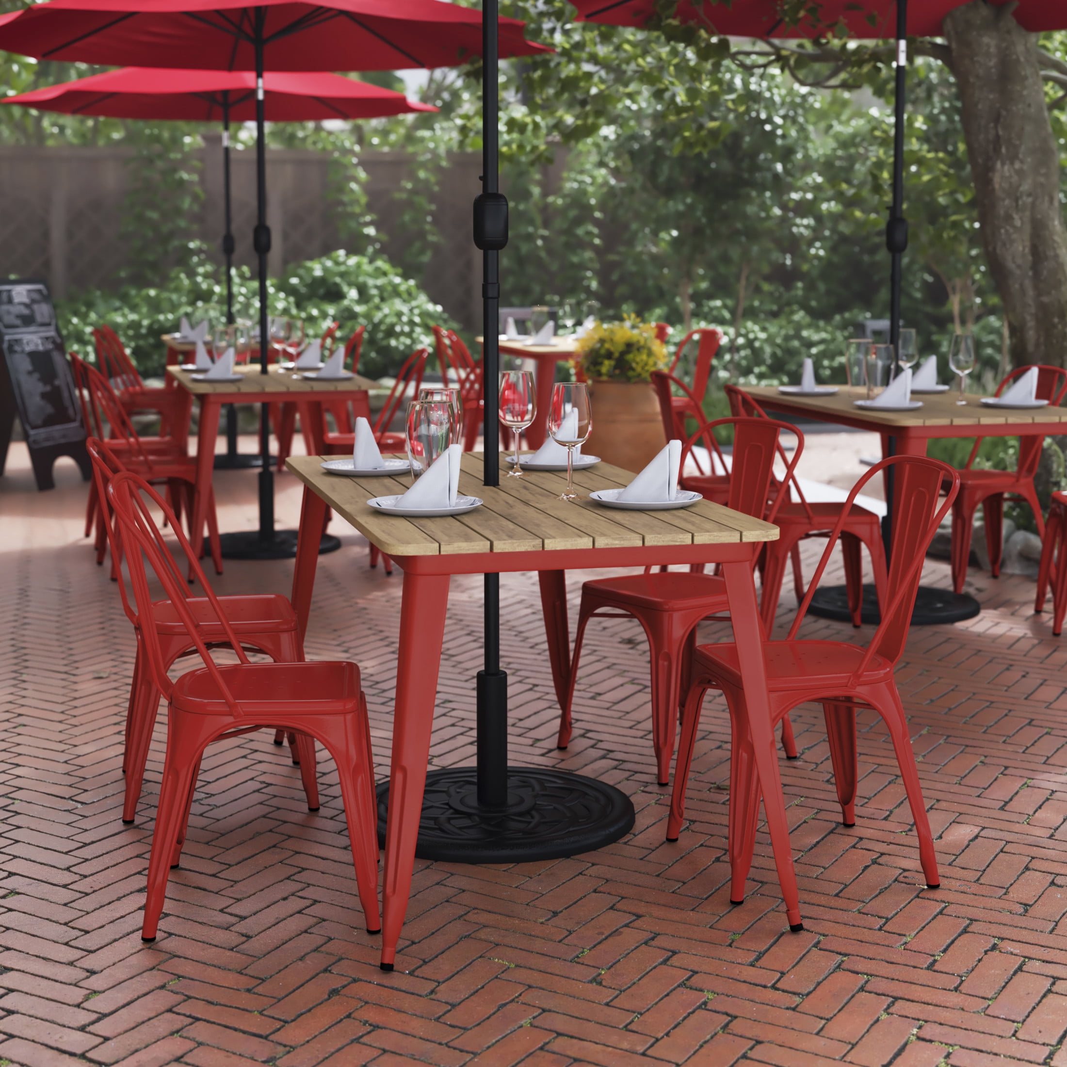 Flash Furniture Declan Commercial Indoor/Outdoor Dining Table with Umbrella Hole, 30" x 60" All Weather Brown Poly Resin Top and Red Steel Base