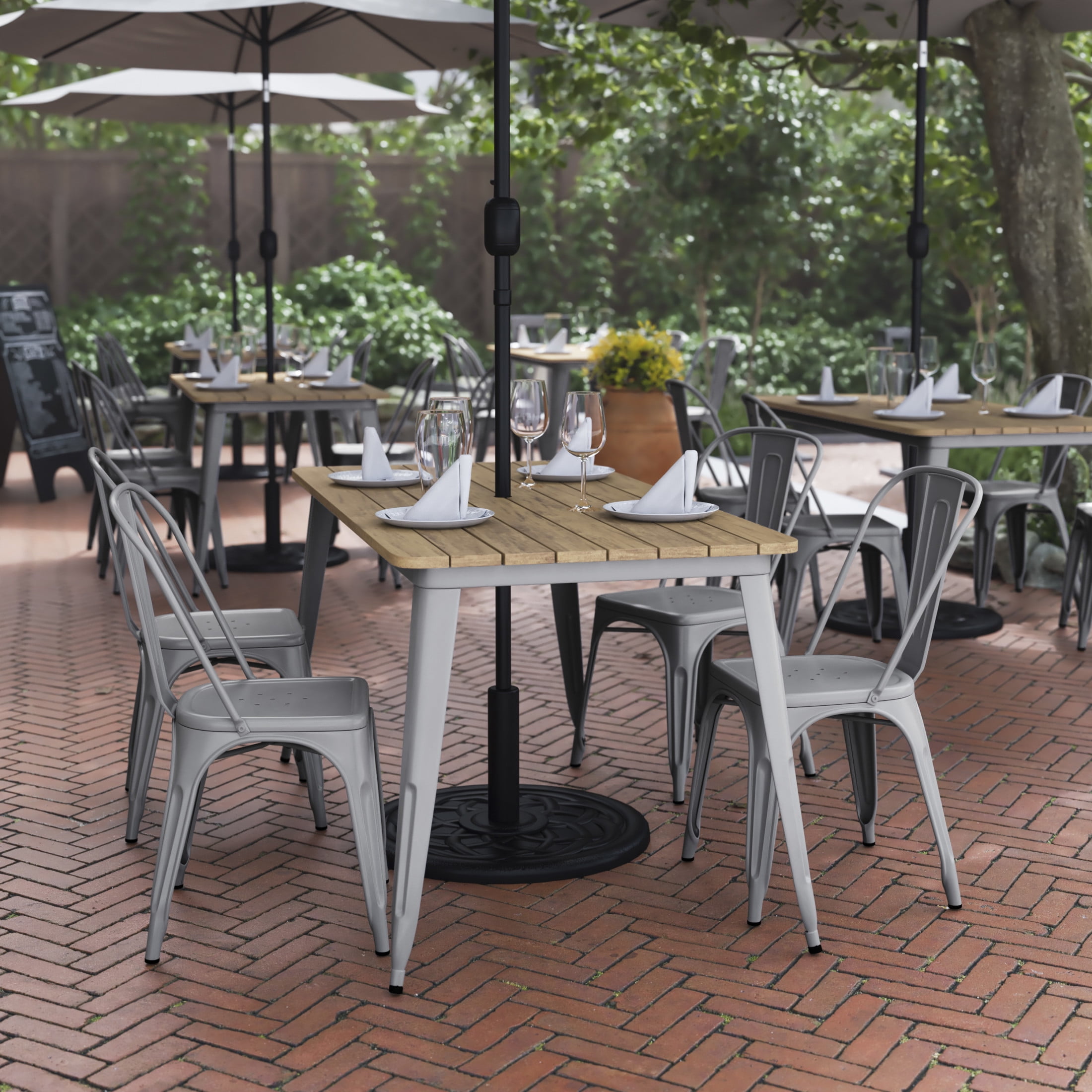 Free Shipping Flash Furniture Declan Commercial Indoor Outdoor Dining Table with Umbrella Hole 30 x 60 All Weather Brown Poly Resin Top and Silver Steel Base Walmart