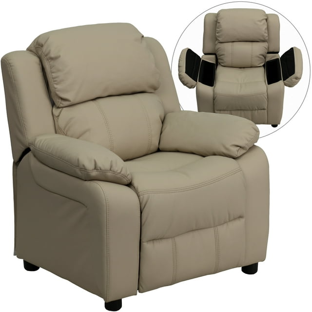 Flash Furniture Deluxe Padded Contemporary Beige Vinyl Kids Recliner with Storage Arms