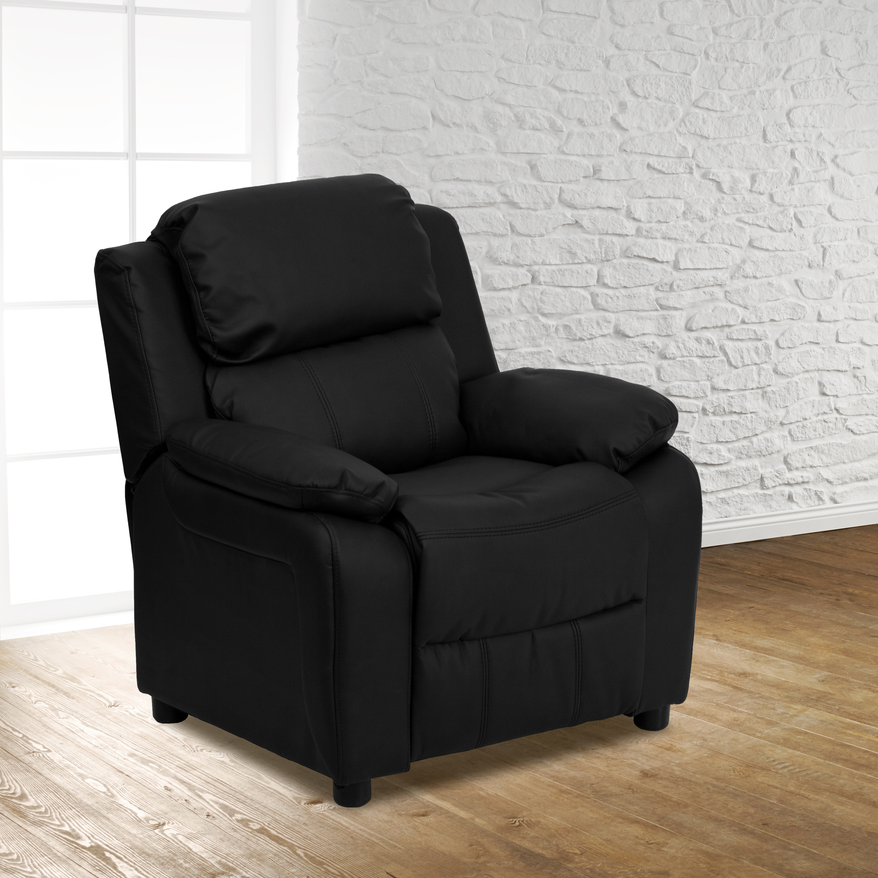 Flash Furniture Deluxe Padded Contemporary Black LeatherSoft Kids Recliner with Storage Arms - image 1 of 13