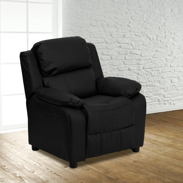 Flash Furniture Deluxe Padded Contemporary Black LeatherSoft Kids Recliner with Storage Arms