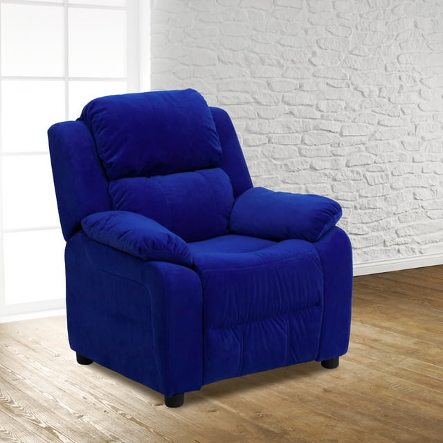 Flash Furniture Deluxe Padded Contemporary Blue Microfiber Kids Recliner with Storage Arms