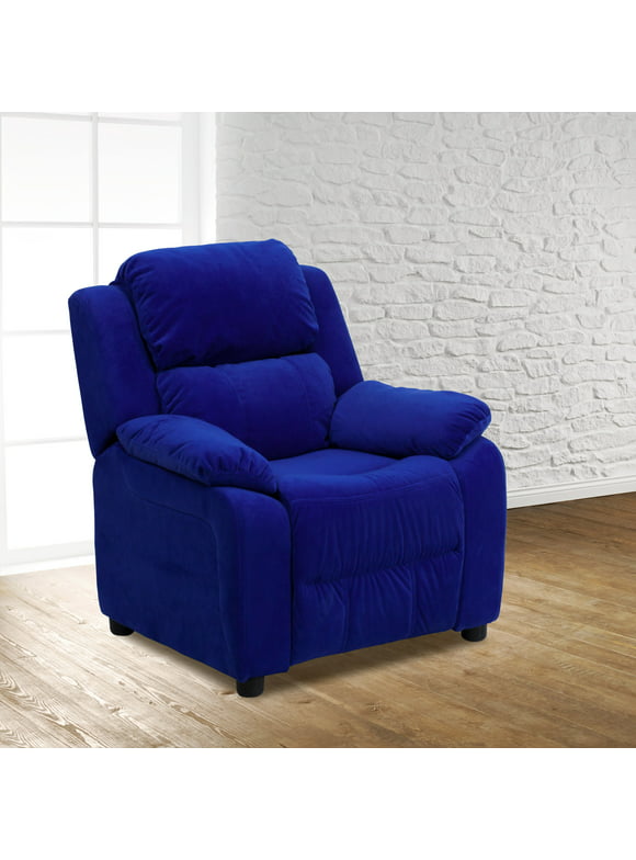 Flash Furniture Deluxe Padded Contemporary Blue Microfiber Kids Recliner with Storage Arms