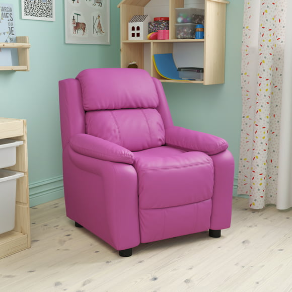 Flash Furniture Deluxe Padded Contemporary Hot Pink Vinyl Kids Recliner with Storage Arms