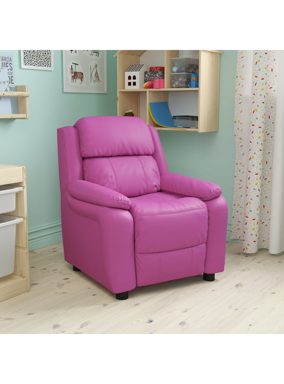 Flash Furniture Deluxe Padded Contemporary Hot Pink Vinyl Kids Recliner with Storage Arms