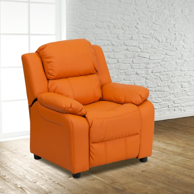 Flash Furniture Deluxe Padded Contemporary Orange Vinyl Kids Recliner with Storage Arms