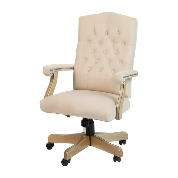 Flash Furniture Derrick Microfiber Tufted Farmhouse Office Chair with Driftwood Base, Ivory