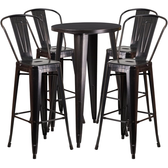 Flash Furniture Dexter Commercial Grade 24" Round Black-Antique Gold Metal Indoor-Outdoor Bar Table Set with 4 Cafe Stools