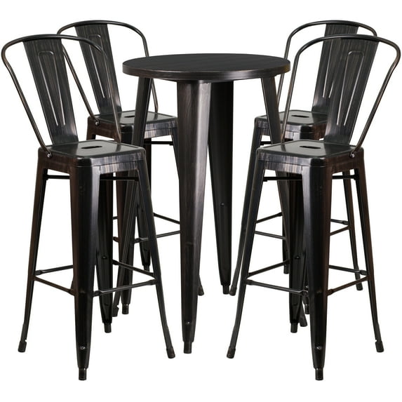 Flash Furniture Dexter Commercial Grade 24" Round Black-Antique Gold Metal Indoor-Outdoor Bar Table Set with 4 Cafe Stools