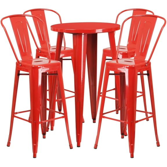 Flash Furniture Dexter Commercial Grade 24" Round Red Metal Indoor-Outdoor Bar Table Set with 4 Cafe Stools