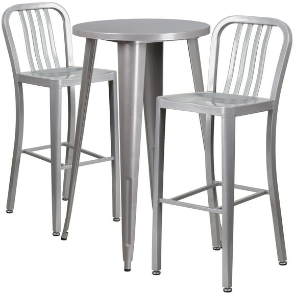 Flash Furniture Earl Commercial Grade 24" Round Silver Metal Indoor-Outdoor Bar Table Set with 2 Vertical Slat Back Stools
