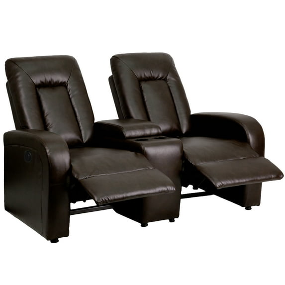 Flash Furniture Eclipse Series 2-Seat Push Button Motorized Reclining Brown LeatherSoft Theater Seating Unit with Cup Holders