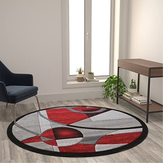 Flash Furniture Elias Round Contemporary Black, Grey, Red Area Rug, 5' x 5'