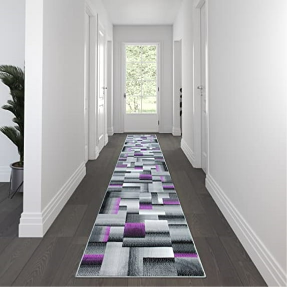 Flash Furniture Elio Rectangular Contemporary Black, Grey, Purple Area Rug, 3' x 16'