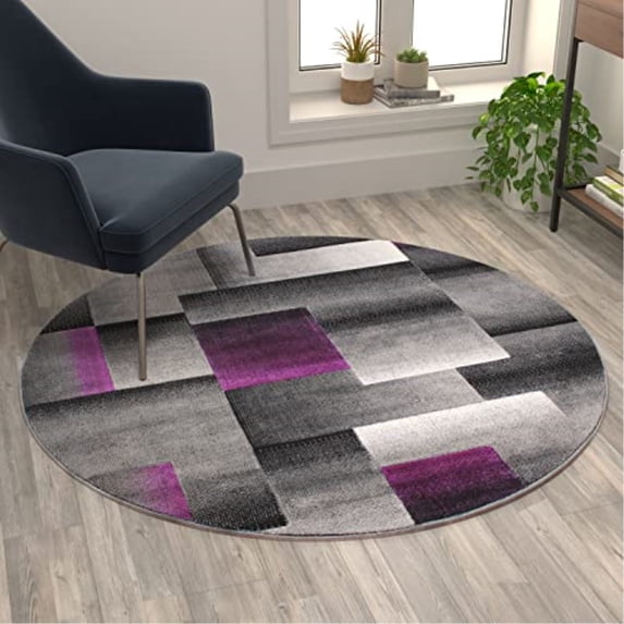 Flash Furniture Elio Round Contemporary Black, Grey, Purple Area Rug, 5' x 5'
